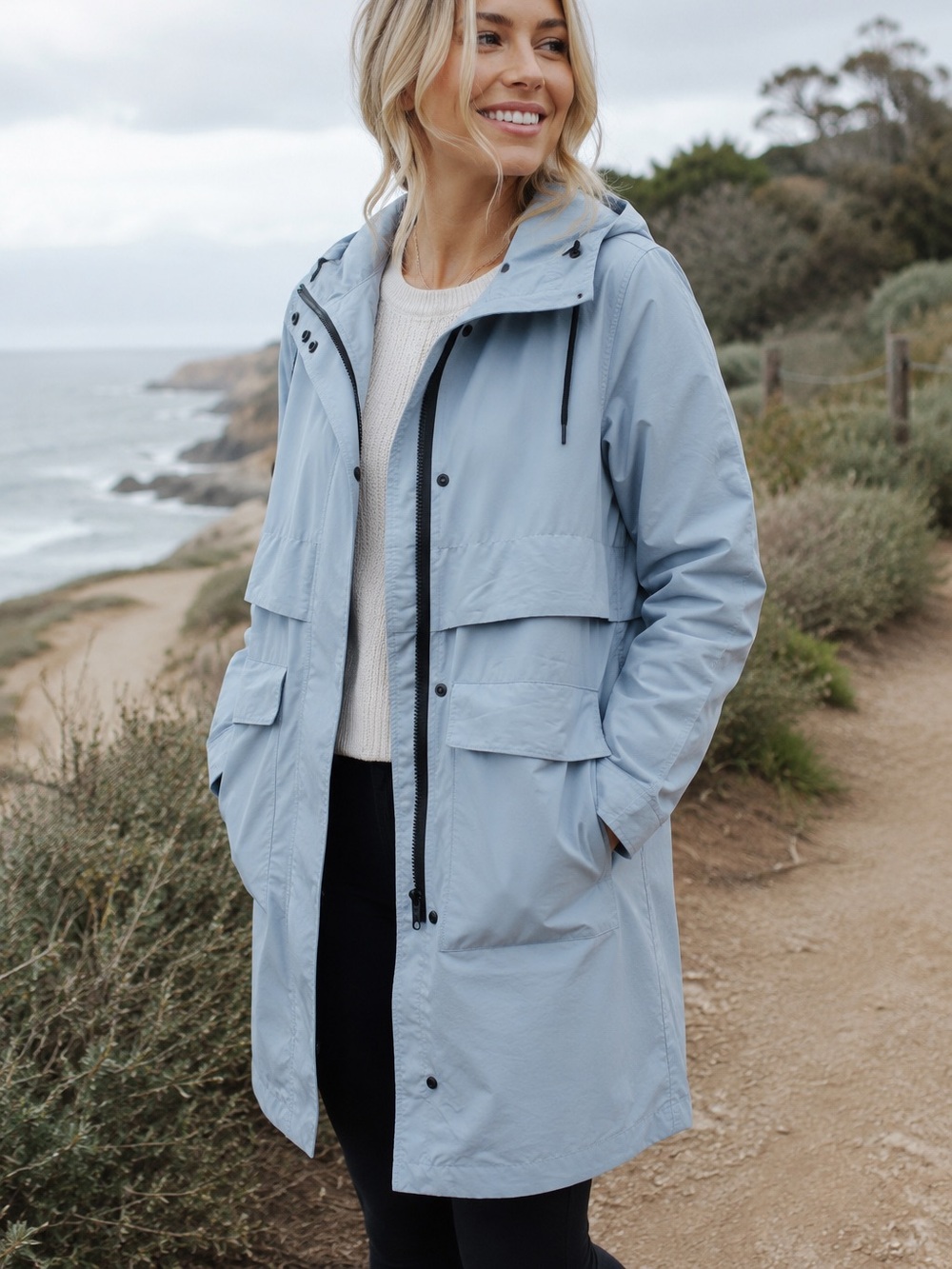 Everlane ReNew Long Anorak Rain Jacket XXS Blue Lightweight Hooded Utility Coat